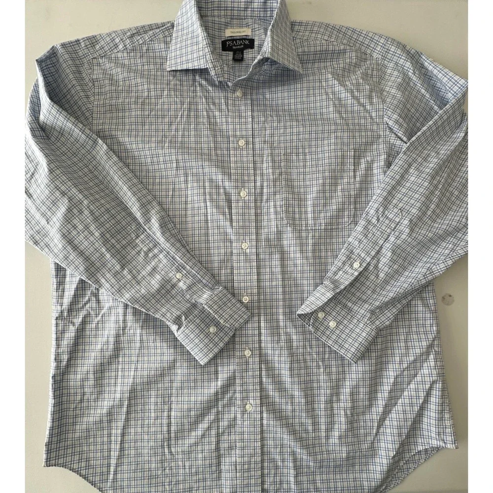 Jos. A. Bank Traveler Tailored Fit Blue Plaid Button Down Shirt 17.5 34/35